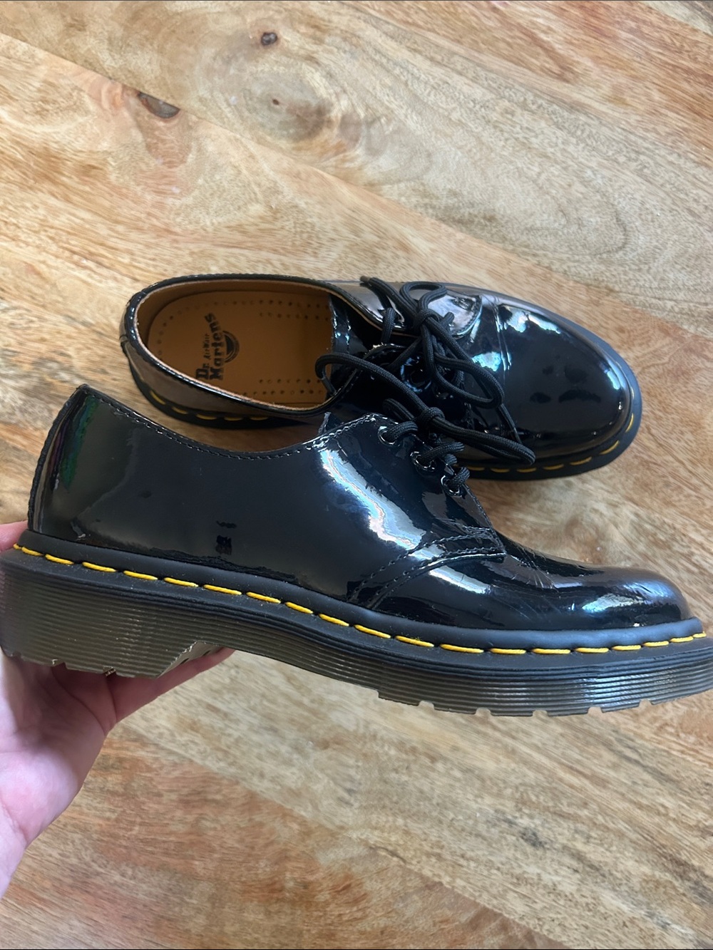 Dr. Martens Black Patent Lace-Up Oxford Shoes with Yellow Stitching